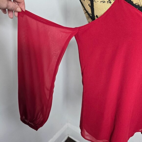 Red Cold Shoulder Black Lace Trim Chiffon Sleeve Express Top Medium - Picture 3 of 9